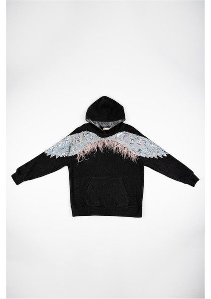 Kadın Gri Omuzdan Kola Pullu Kapşonlu Cepli Sweatshirt