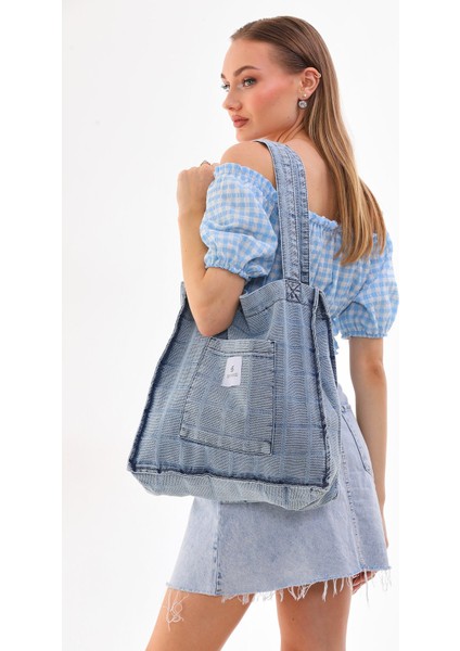 Açık Mavi Cepli Kare Desenli Kot Bez Kol & Omuz Çantası Tote Bag Kanvas Iş Günlük Jean Model 35X35