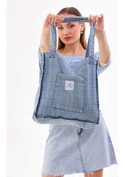 Açık Mavi Cepli Kare Desenli Kot Bez Kol & Omuz Çantası Tote Bag Kanvas Iş Günlük Jean Model 35X35
