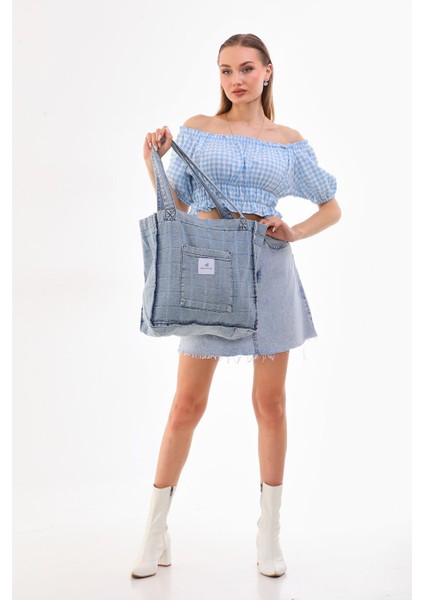 Açık Mavi Cepli Kare Desenli Kot Bez Kol & Omuz Çantası Tote Bag Kanvas Iş Günlük Jean Model 35X35