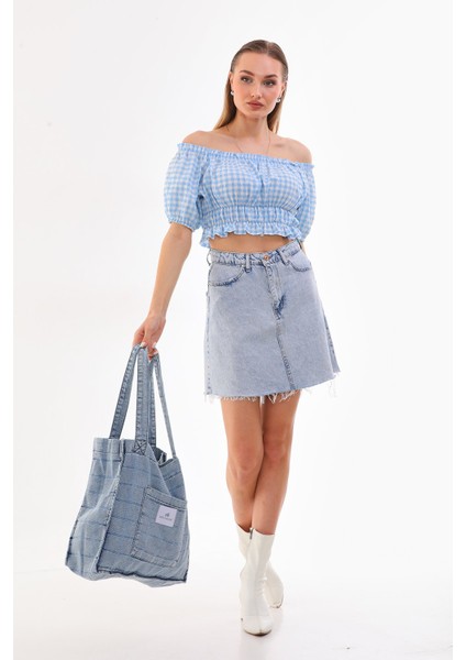 Açık Mavi Cepli Kare Desenli Kot Bez Kol & Omuz Çantası Tote Bag Kanvas Iş Günlük Jean Model 35X35