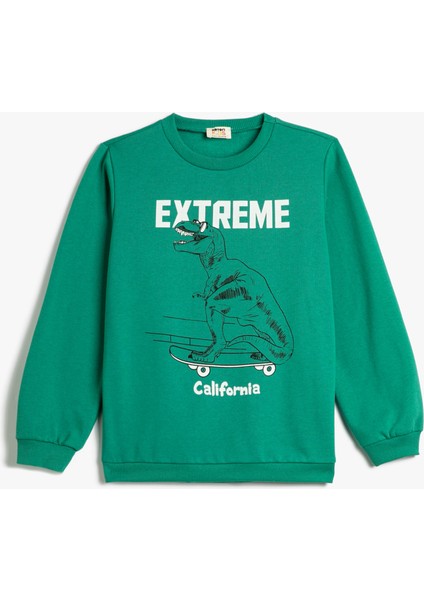 Dinozorlu Sweatshirt Bisiklet Yaka Uzun Kollu Şardonlu