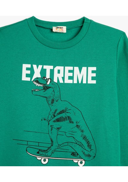 Dinozorlu Sweatshirt Bisiklet Yaka Uzun Kollu Şardonlu
