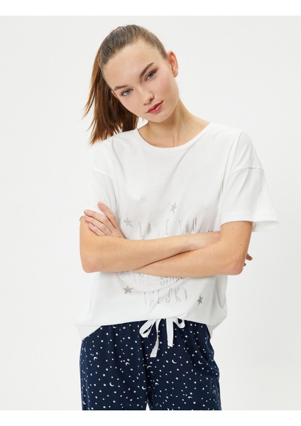 Kısa Kollu Pijama Takımı Baskılı Pamuklu