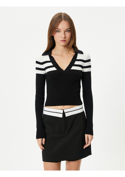 Polo Yaka Çizgili Crop Triko Kazak Uzun Kollu Dar Kalıp modelleri
