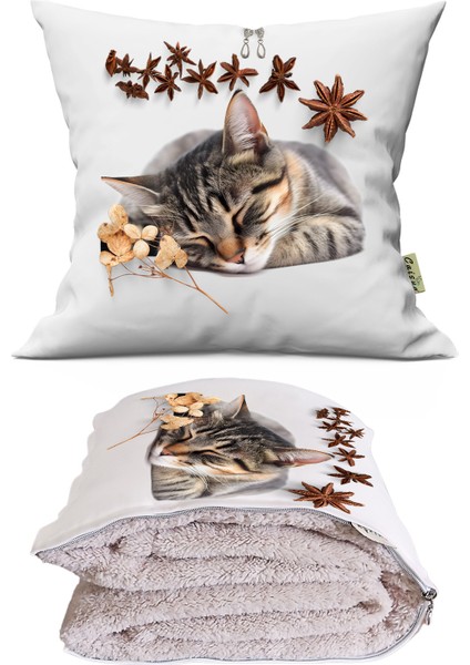 Sevimli Kedi Cute Cat Baskılı Tv Battaniyeli Opsiyonel Dekoratif Yastık