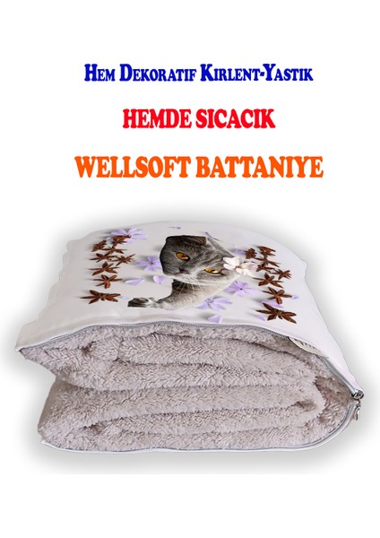 Relax Kedi Baskılı Tv Battaniyeli Opsiyonel Dekoratif Yastık Kırlent