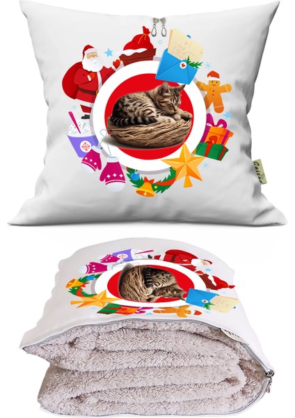 Yeniyıl Renkli Kedi Baskılı Tv Battaniyeli Opsiyonel Dekoratif Kırlent