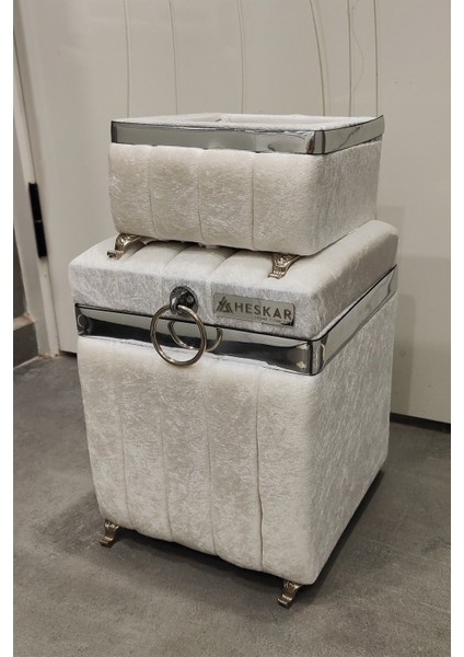 2 Parça Krem Renk Gümüş Şeritli Kare Tip Toz Deterjan Sandığı ve Havluluk