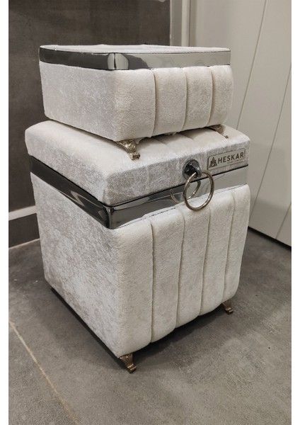 2 Parça Krem Renk Gümüş Şeritli Kare Tip Toz Deterjan Sandığı ve Havluluk fiyatları