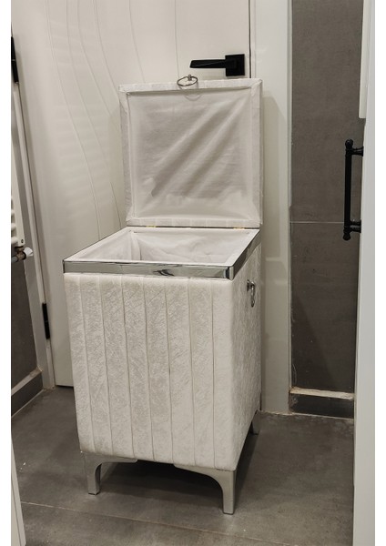 Kare Tek Parça Krem Renk Gümüş Şeritli Kadife Banyo Kirli Çamaşır Sepeti fiyatları