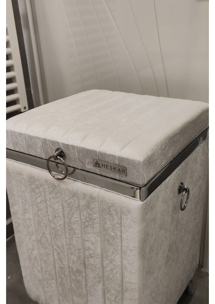 Kare Tek Parça Krem Renk Gümüş Şeritli Kadife Banyo Kirli Çamaşır Sepeti indirimleri