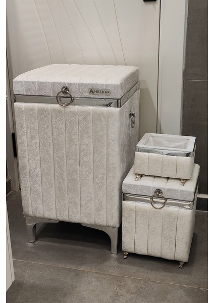 3 Parça Kare Krem Renk Gümüş Şeritli Lüks Kadife Banyo Kirli Çamaşır Sepeti