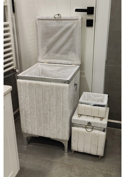 3 Parça Kare Krem Renk Gümüş Şeritli Lüks Kadife Banyo Kirli Çamaşır Sepeti fiyatları