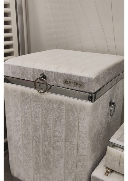 3 Parça Kare Krem Renk Gümüş Şeritli Lüks Kadife Banyo Kirli Çamaşır Sepeti modelleri