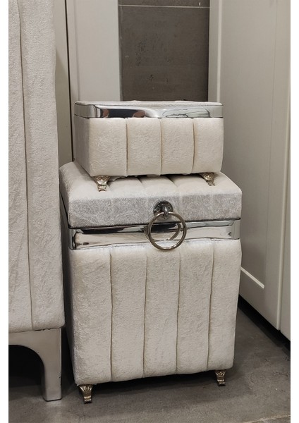 3 Parça Kare Krem Renk Gümüş Şeritli Lüks Kadife Banyo Kirli Çamaşır Sepeti fırsatları