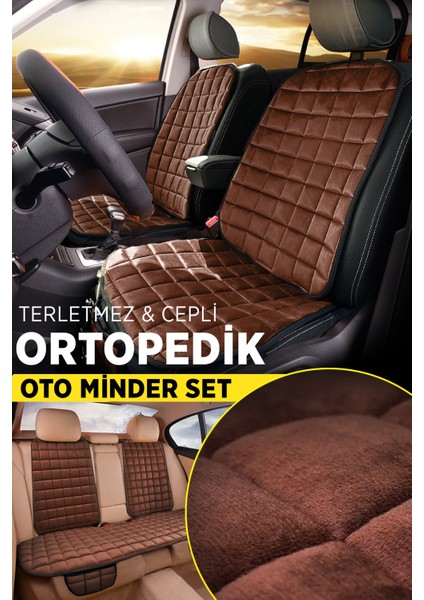 Premium Cepli Ortopedik Oto Koltuk Minder Seti - Koltuk Kılıfı - Ön ve Arka Koltuk Tam Set - Kahve