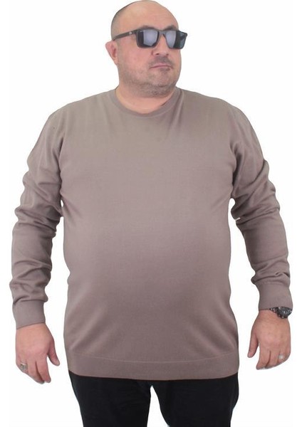 Erkek Büyük Beden Sıfır Yaka Basic Triko Kazak 23750 Vizon