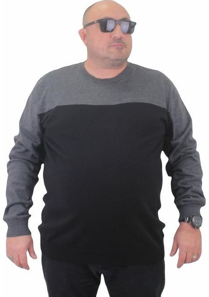 Erkek Büyük Beden Sıfır Yaka Çift Renk Triko Kazak 23751 Antrasıt