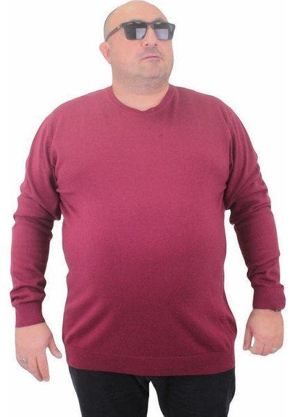 Erkek Büyük Beden Sıfır Yaka Basic Triko Kazak 23750 Bordo
