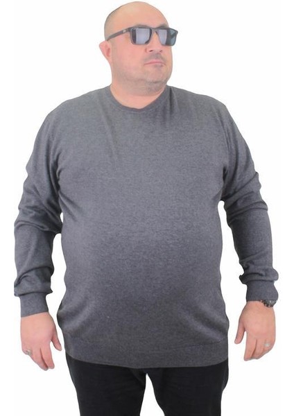 Erkek Büyük Beden Sıfır Yaka Basic Triko Kazak 23750 Antrasıt