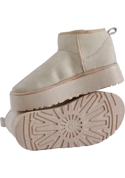 Içi Tüylü Kalın Taban Bej Yarım Bot, Bej Süet Kadın Ayakkabı fırsatları