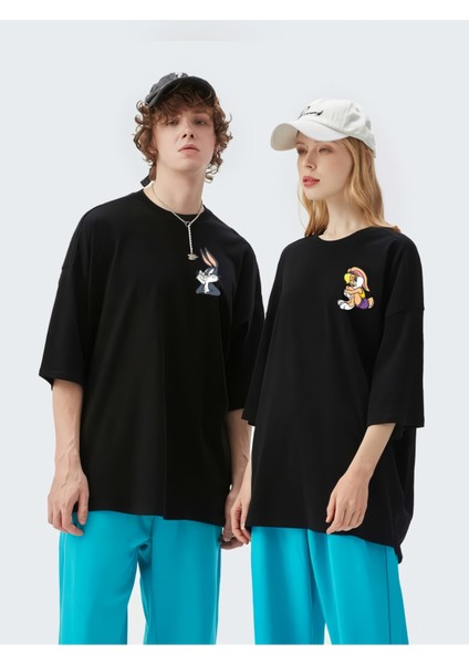 Bugs Buny & Lola Buny Baskılı Sevgili Kombini Çift Tshirt Siyah 2 Adet