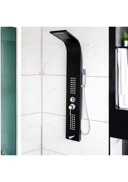 Banora Infinity Lux Duş Paneli, 5 Fonksiyonlu, Paslanmaz Çelik, Tepe Duş, Şelale Sistem, Siyah