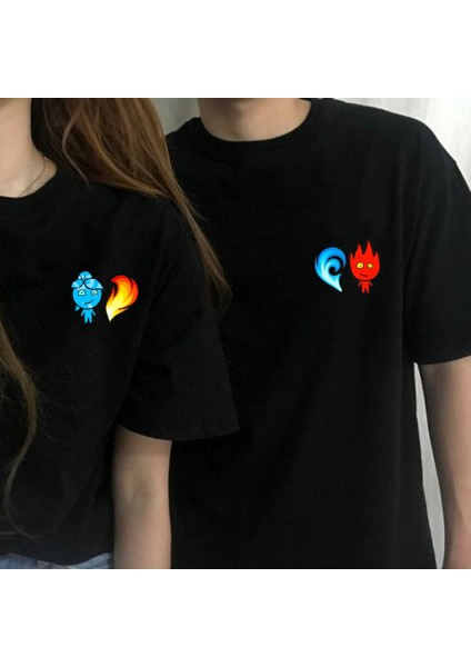 Ateş ve Su Baskılı Özel Tasarım Oversize Siyah 2 Adet Tshirt Sevgili Kombini