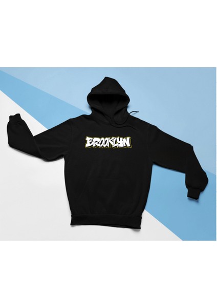 Brooklyn Grafiti Baskılı Unisex Oversize Siyah Hoodie