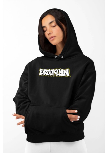 Brooklyn Grafiti Baskılı Unisex Oversize Siyah Hoodie