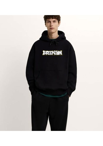 Brooklyn Grafiti Baskılı Unisex Oversize Siyah Hoodie
