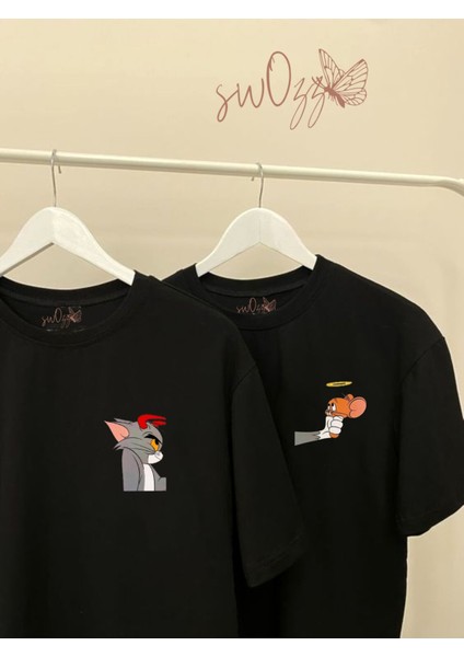 Tom ve Jerry Baskılı Oversize Siyah 2 Adet Tshirt Sevgili Kombini