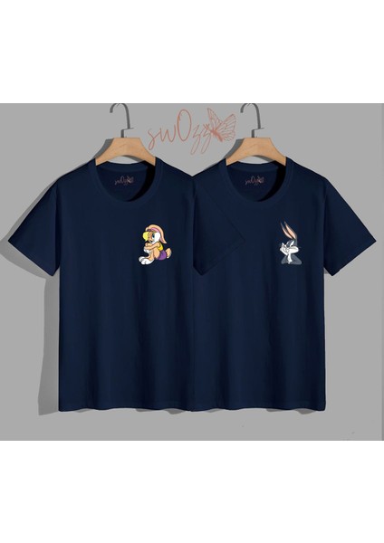 Bugs Buny & Lola Buny Baskılı Sevgili Kombini Çift Tshirt Lacivert 2 Adet