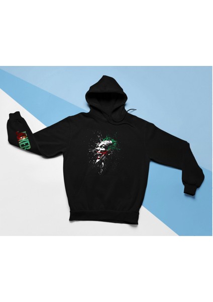 Joker Ön ve Kol Baskılı Siyah Oversize %100 Pamuk Kapüşonlu Sweatshirt Hoodie Unisex
