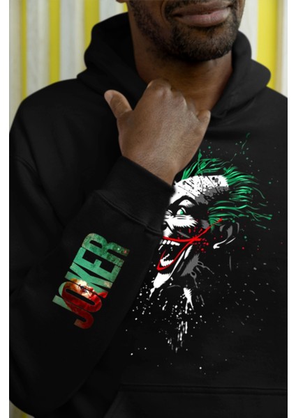 Joker Ön ve Kol Baskılı Siyah Oversize %100 Pamuk Kapüşonlu Sweatshirt Hoodie Unisex