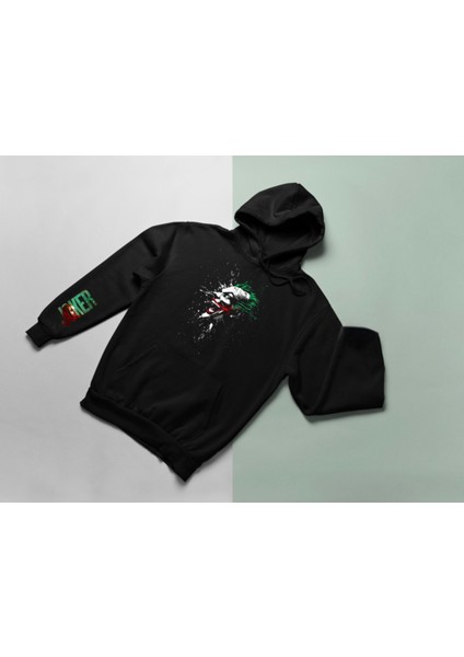 Joker Ön ve Kol Baskılı Siyah Oversize %100 Pamuk Kapüşonlu Sweatshirt Hoodie Unisex