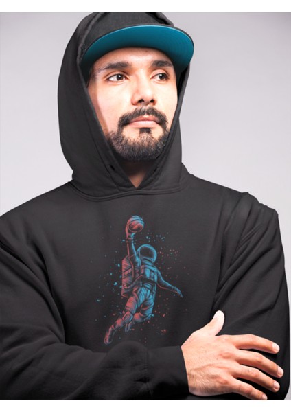 Siyah Kapüşonlu Sweatshirt - Pamuklu, Cep Detaylı, Basketbolçu Astronot