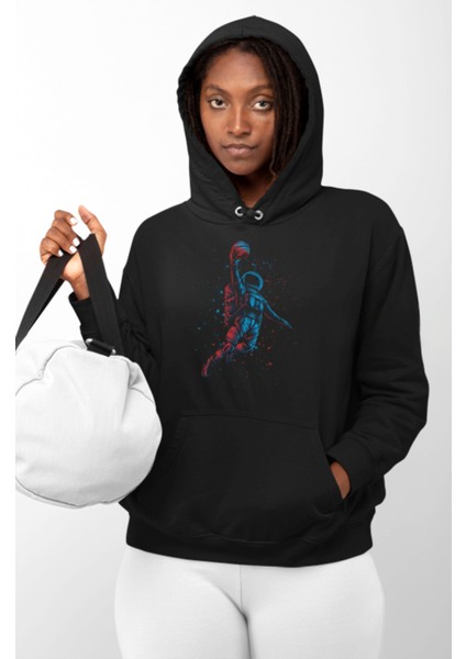 Siyah Kapüşonlu Sweatshirt - Pamuklu, Cep Detaylı, Basketbolçu Astronot