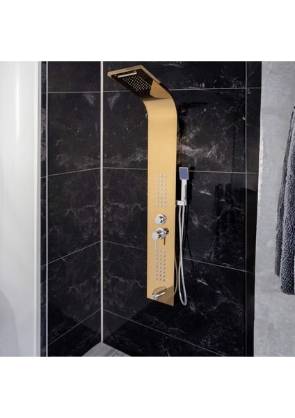 Banora Infinity Lux Duş Paneli, 5 Fonksiyonlu, Paslanmaz Çelik, Tepe Duş, Şelale Sistem, Altın