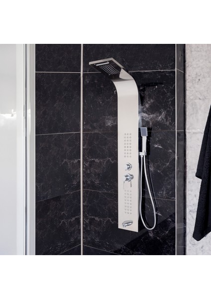Banora Infinity Lux Duş Paneli, 5 Fonksiyonlu, Paslanmaz Çelik, Tepe Duş, Şelale Sistem, Krom