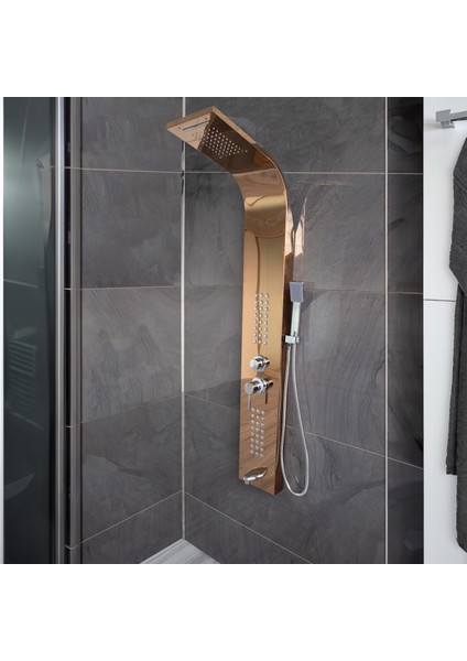 Banora Infinity Lux Duş Paneli, 5 Fonksiyonlu, Paslanmaz Çelik, Tepe Duş, Şelale Sistem, Rose Gold