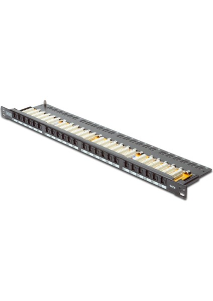 Digitus 19&quot; 24 port Cat-6 UTP Patch Panel, 8P8C, LSA, 0,5U boyut, tozdan korumak için kapaklı, zırhsız, siyah renk