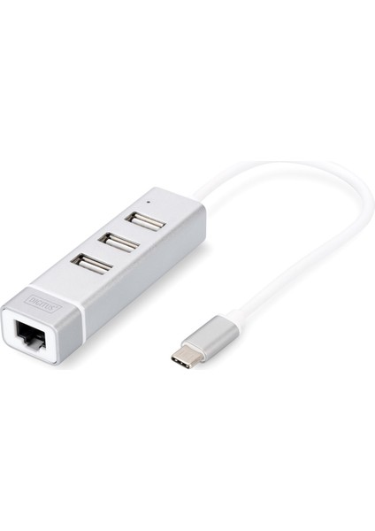 3 Port USB Tip C Hub &amp; Fast Ethernet Lan Adaptörü, 3 x USB A/diş (Usb 2.0), 1 x RJ45 Dişi (10/100), 1 x USB Tip C (Bilgisayar Bağlantısı), Alüminyum