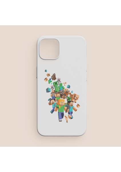 Minecraft Karakterleri Tasarımlı Beyaz iPhone 12 Pro Max Telefon Kılıfı