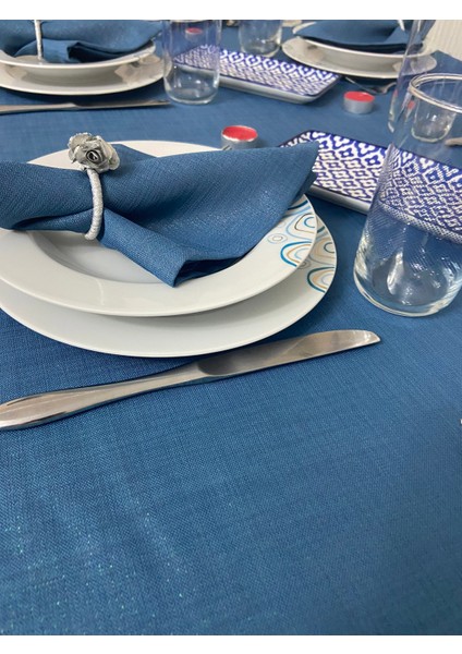 Simli Polyester Keten Dertsiz Masa Örtüsü Indigo Mavi modelleri
