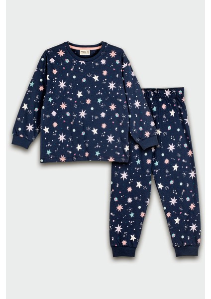 Gezegen Desenli Pamuk Lacivert Çocuk Pijama Takımı