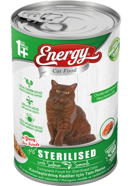 Pet Food Energy Somonlu Kısırlaştırılmış Islak Kedi Konserve Maması 415 Gram 80 Adet