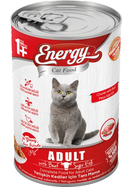 Pet Food Energy Sığır Etli Yetişkin Islak Kedi Konserve Maması 415 Gram 80 Adet