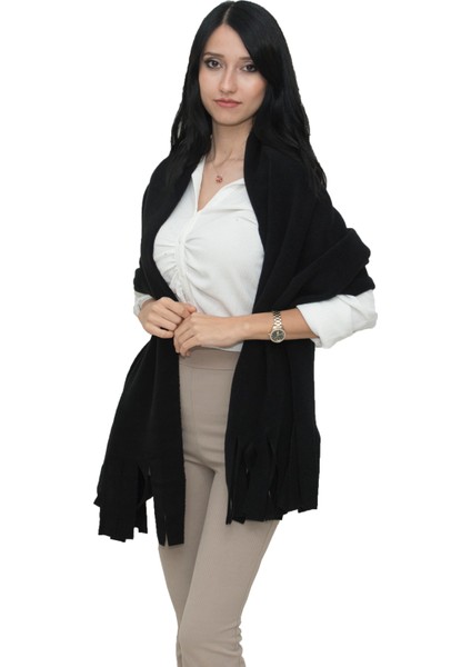 Siyah Püskülü Unisex Polar Şal